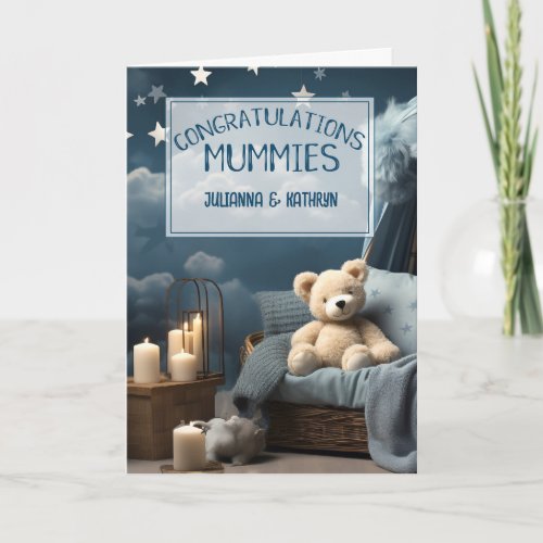 Two Mums Its a Boy Blue New Baby Congratulations Card