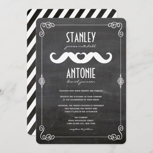 Two Mustaches Love Vintage Chalkboard Gay Wedding Invitation
