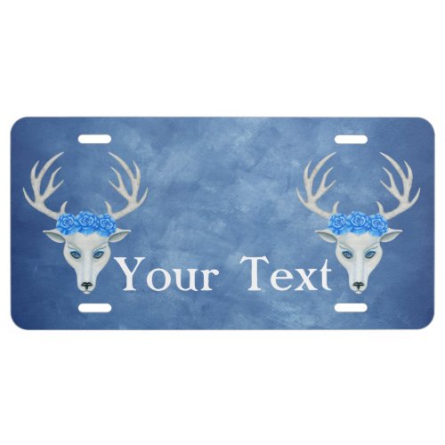 Two Mythical White Deer Heads Antlers Roses Blue License Plate