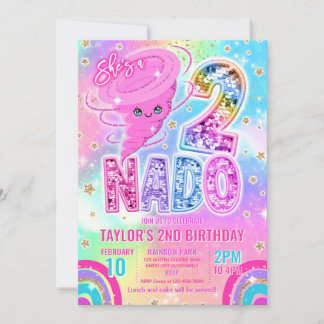 Two Nado Rainbow Glitter 2nd Birthday Party  Invitation