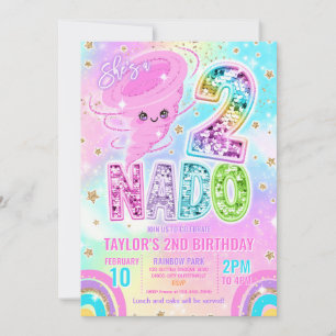 Two Nado Rainbow Glitter 2nd Birthday Party  Invitation