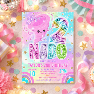 Two Nado Rainbow Glitter 2nd Birthday Party Invitation