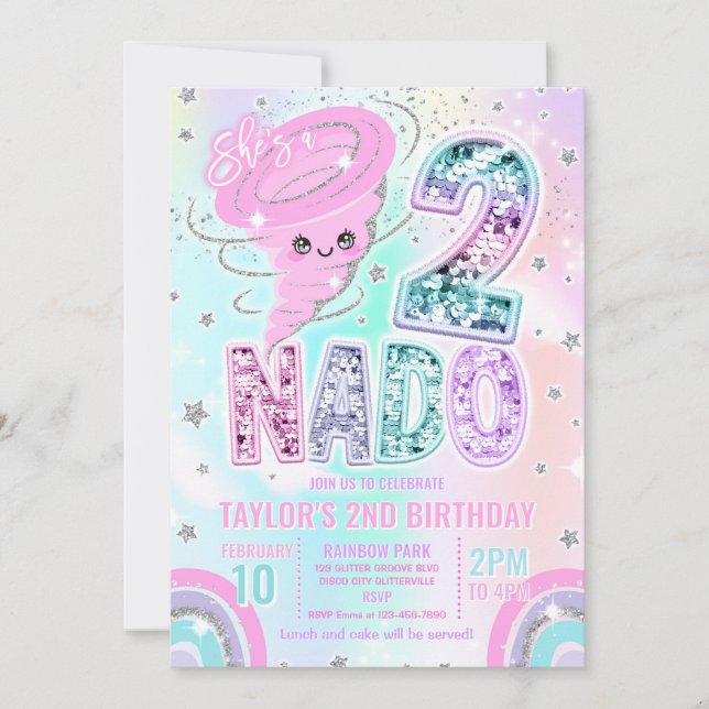 Two Nado Rainbow Glitter 2nd Birthday Party  Invitation (Front)