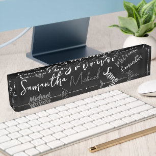 Two names couple pattern monogram black grey white desk name plate