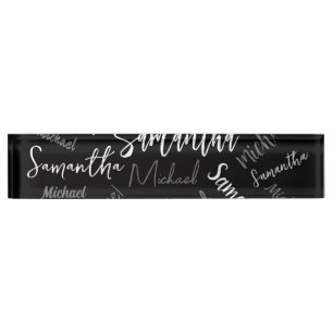 Two names couple pattern monogram black grey white desk name plate