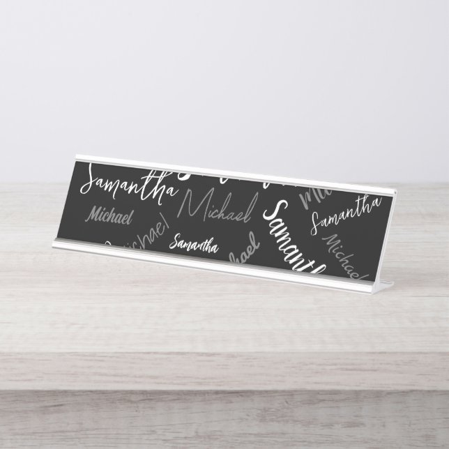 Two names couple pattern monogram black grey white desk name plate (Front)