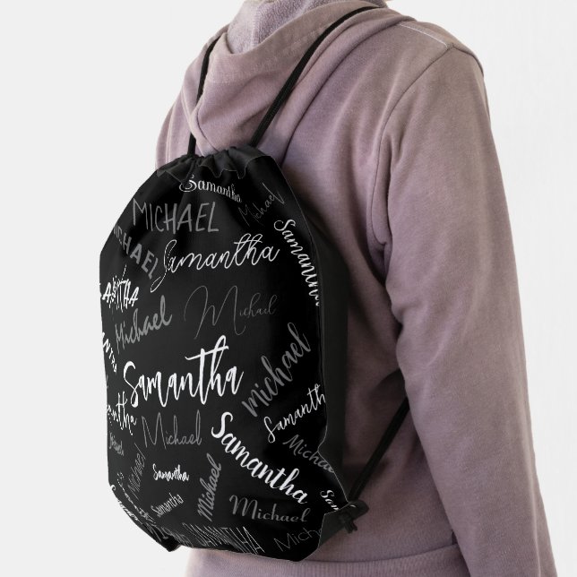 Two names couple pattern monogram black grey white drawstring bag (Insitu)