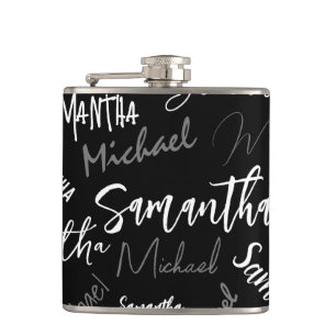 Two names couple pattern monogram black grey white flask