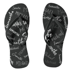 Two names couple pattern monogram black grey white flip flops