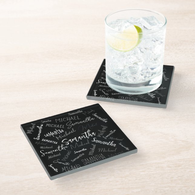 Two names couple pattern monogram black grey white glass coaster (Angled)
