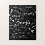Two names couple pattern monogram black grey white jigsaw puzzle<br><div class="desc">Two names couple pattern monogram black grey white. Personalizable two custom names for couples,  partners,  best friends etc. in white and grey colours on black background.</div>