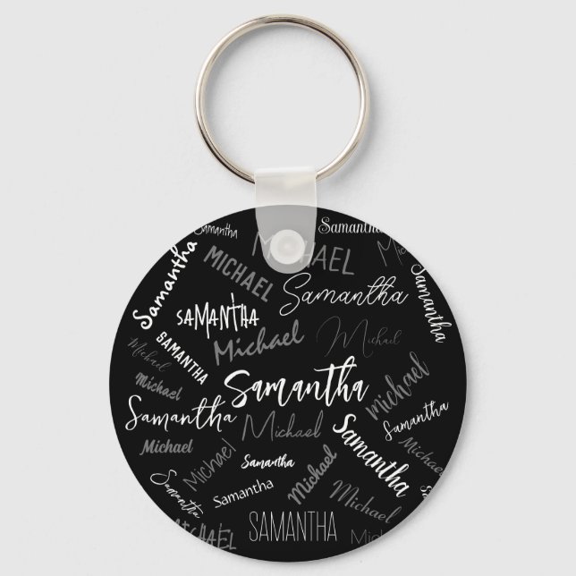 Two names couple pattern monogram black grey white keychain (Front)