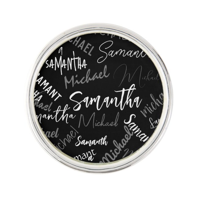 Two names couple pattern monogram black grey white lapel pin (Front)