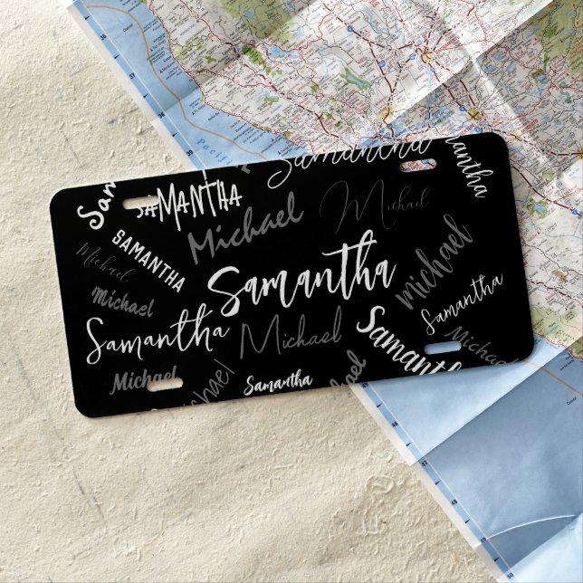Two names couple pattern monogram black grey white license plate (In Situ)