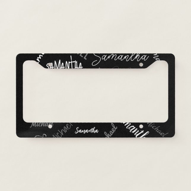 Two names couple pattern monogram black grey white license plate frame (Front)
