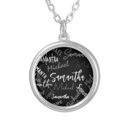 Two names couple pattern monogram black grey white silver plated necklace