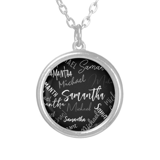 Two names couple pattern monogram black grey white silver plated necklace (Front)