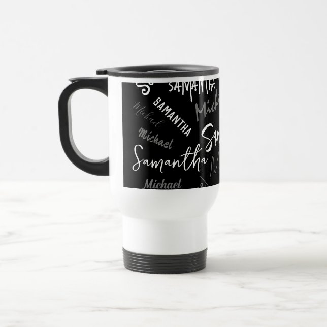 Two names couple pattern monogram black grey white travel mug (Left)
