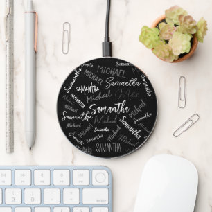 Two names couple pattern monogram black grey white wireless charger 