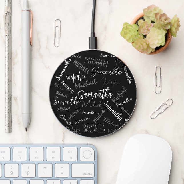 Two names couple pattern monogram black grey white wireless charger  (Desk)