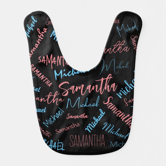 Two names couples pattern monogram blue light pink baby bib (Front)