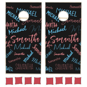 Two names couples pattern monogram blue light pink cornhole set