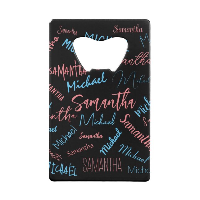 Two names couples pattern monogram blue light pink credit card bottle opener (Front)