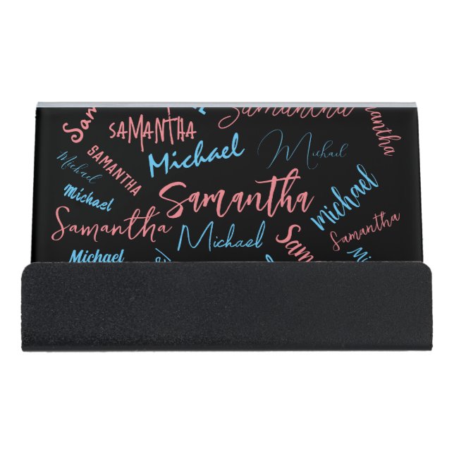 Two names couples pattern monogram blue light pink desk business card holder (Front)