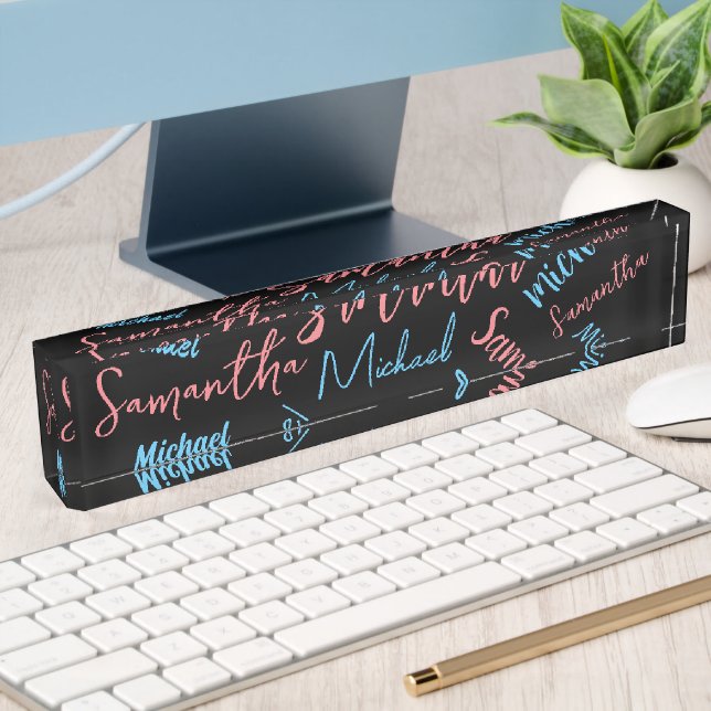 Two names couples pattern monogram blue light pink desk name plate