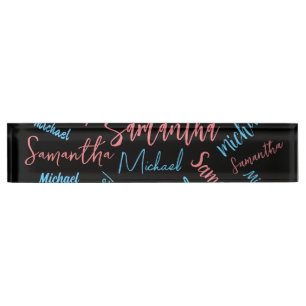 Two names couples pattern monogram blue light pink desk name plate