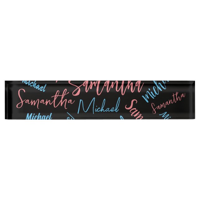 Two names couples pattern monogram blue light pink desk name plate (Front)