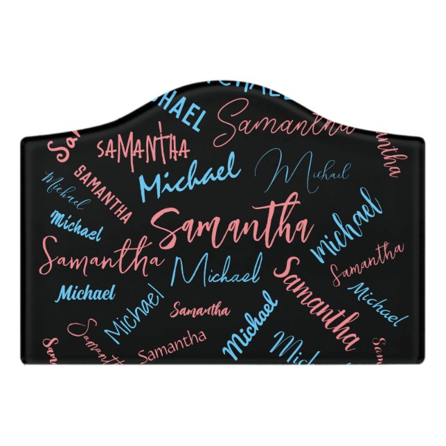 Two names couples pattern monogram blue light pink door sign (Small Crest Front)