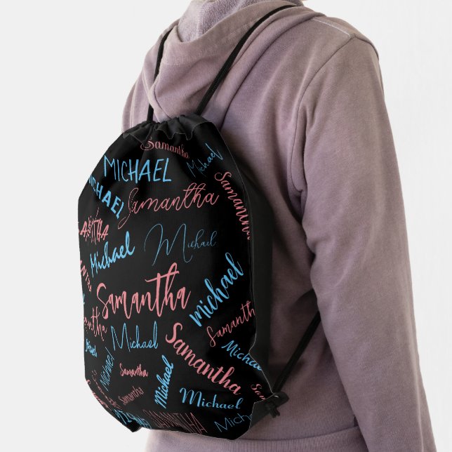 Two names couples pattern monogram blue light pink drawstring bag (Insitu)