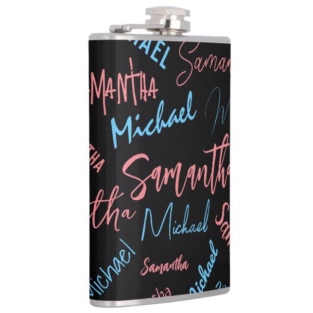 Two names couples pattern monogram blue light pink flask (Right)