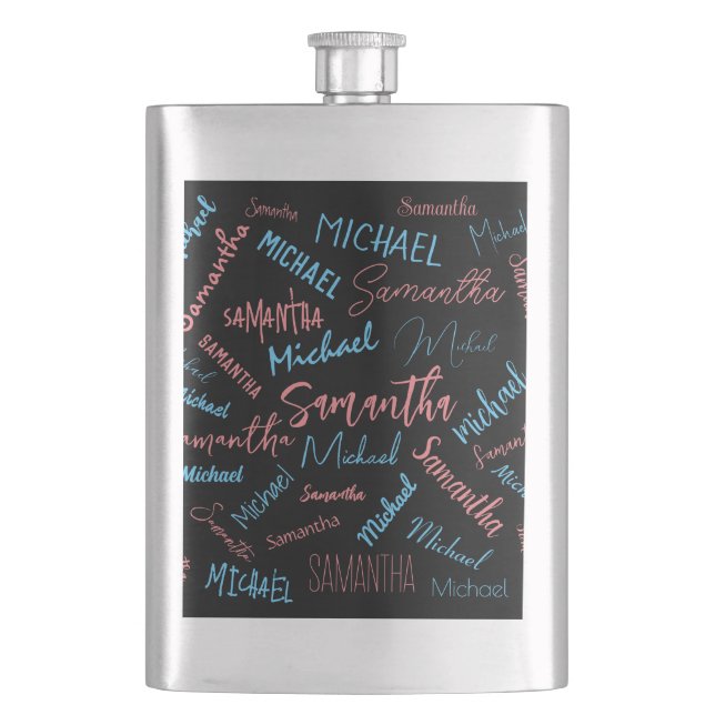 Two names couples pattern monogram blue light pink flask (Front)