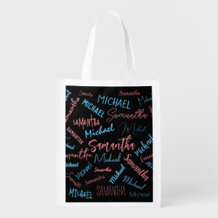 Two names couples pattern monogram blue light pink grocery bag