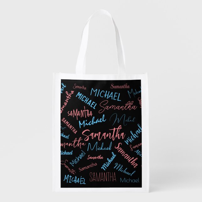 Two names couples pattern monogram blue light pink grocery bag (Front)