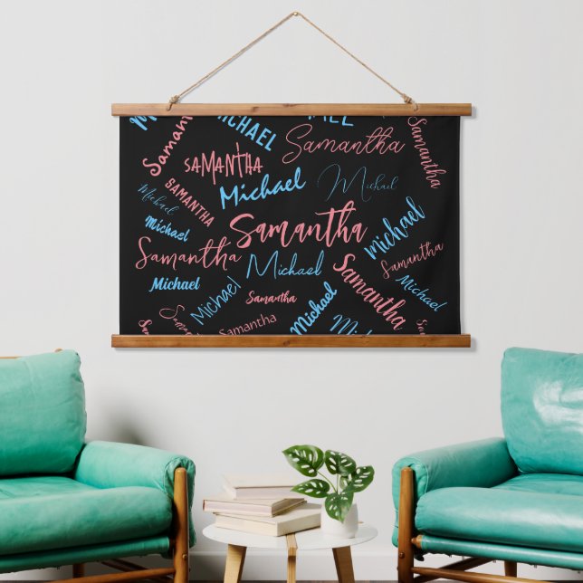 Two names couples pattern monogram blue light pink hanging tapestry (Living Room)