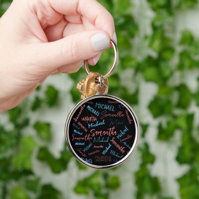 Two names couples pattern monogram blue light pink keychain (Hand)