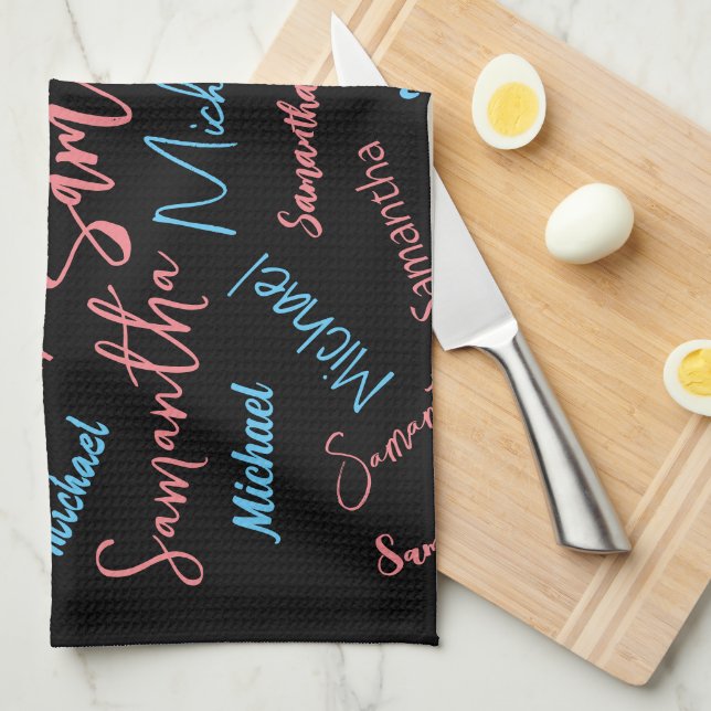 Two names couples pattern monogram blue light pink kitchen towel (Quarter Fold)