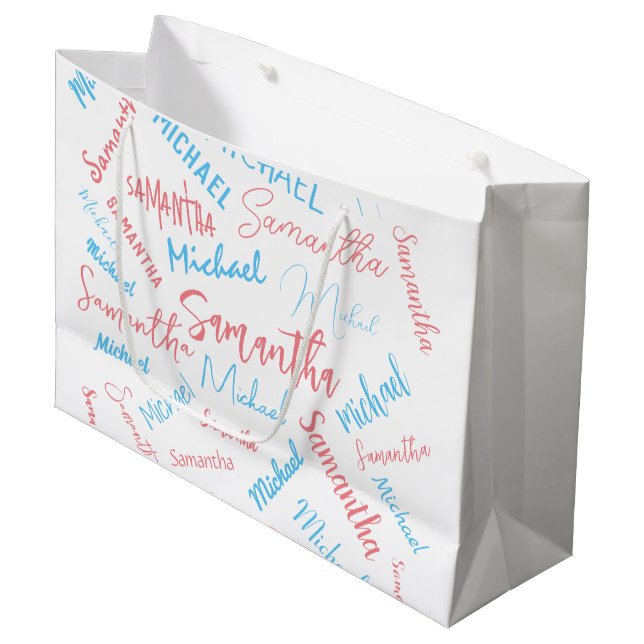 Two names couples pattern monogram blue light pink large gift bag (Front Angled)