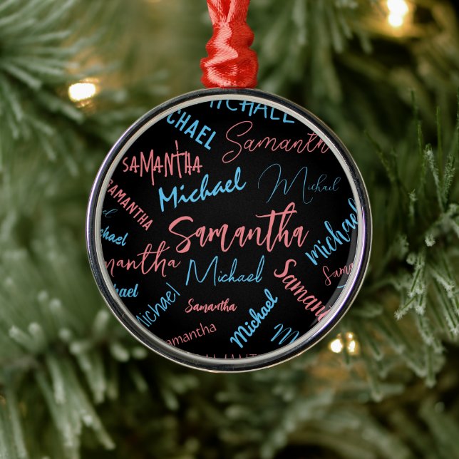 Two names couples pattern monogram blue light pink metal ornament (Tree)