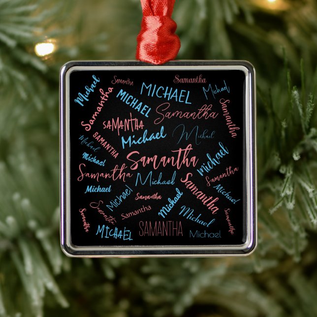 Two names couples pattern monogram blue light pink metal ornament (Tree)