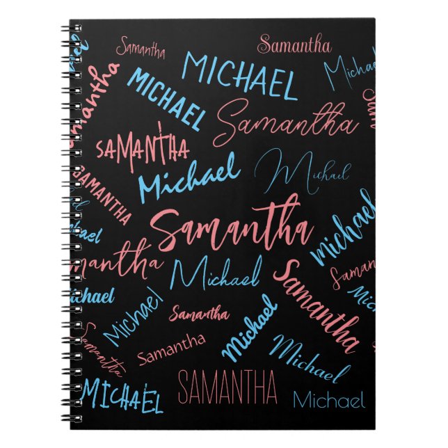 Two names couples pattern monogram blue light pink notebook (Front)