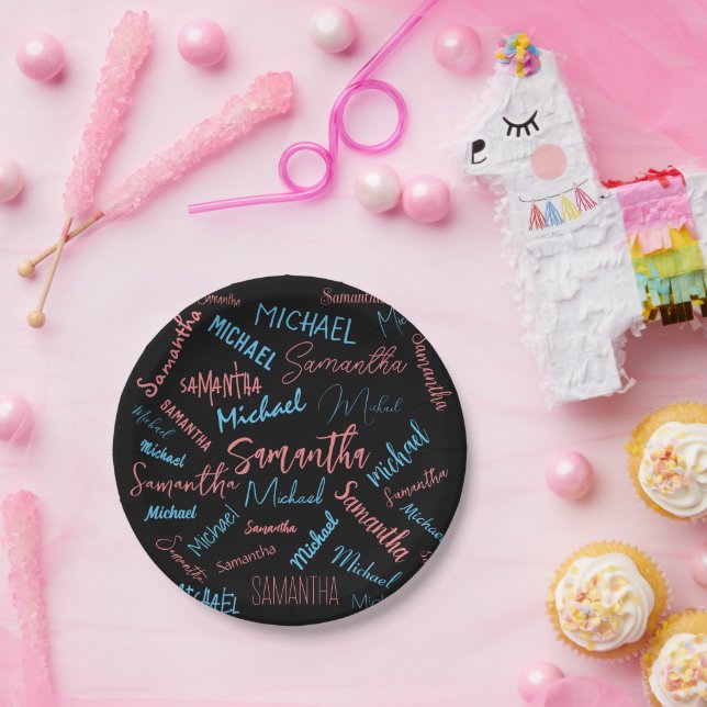 Two names couples pattern monogram blue light pink paper plates (Party)