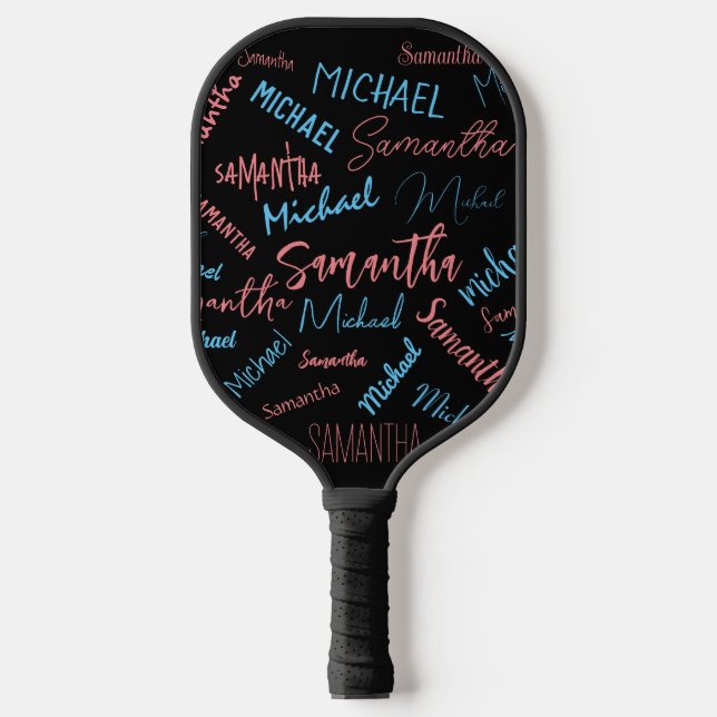 Two names couples pattern monogram blue light pink pickleball paddle (Front)