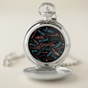 Two names couples pattern monogram blue light pink pocket watch