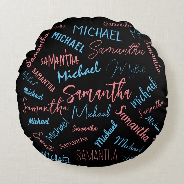 Two names couples pattern monogram blue light pink round pillow (Front)