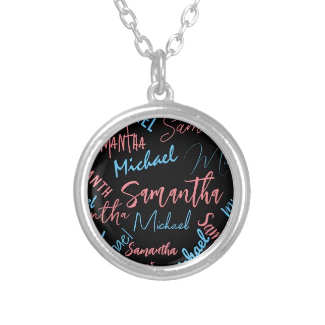 Two names couples pattern monogram blue light pink silver plated necklace (Front)