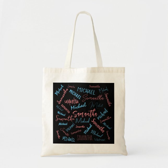 Two names couples pattern monogram blue light pink tote bag (Front)